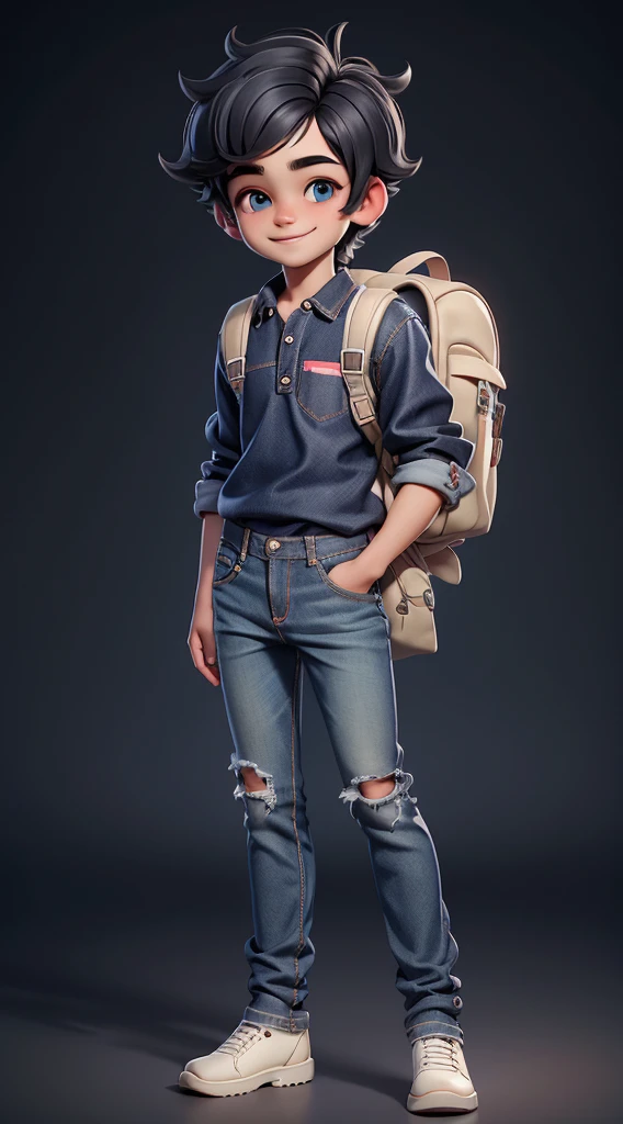 masterpiece, bestquality, detailed face, Vibrant Eyes, Fine nose, 1 cute boy smiling, Jeans and polo shirt, backpack, Stand up, Black Hair, young pretty gravure idol, of a young boy, ((Full body)), Don't forget to add shadows., Texture and detail to the hair, clothes,