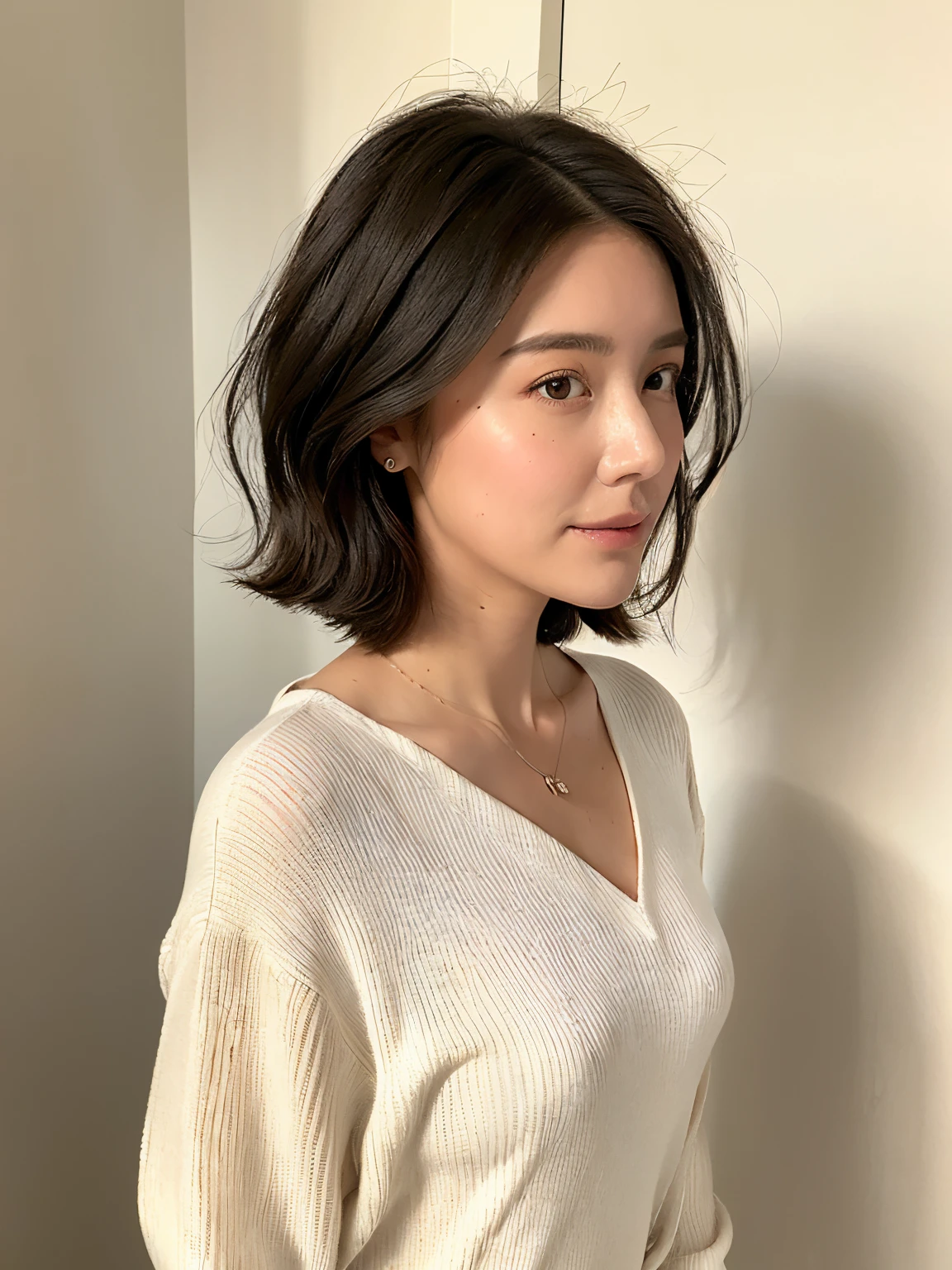 (in 8K, top-quality, ​masterpiece:1.2), (realisitic, Photorealsitic:1.37), ultra-detailliert, Natural sunlight, mideum breasts, Valley, 1 persons, 35-year-old woman, Dark hair, Pendants, Torn shorts, Light Knit V-Neck Shirt, extremely detailed face and skin, A detailed eye, extremely detailed face and skin)、Autumn clothes、Winter clothes、 Necklace、Winter clothes、Sweaters、A dark-haired、Medium Hair、bobhair、pose variada beautiful profile:1.3)、Natural Color Lip、Don't look at the camera、white walls、Taken in front of the white door、(white wall room with window)