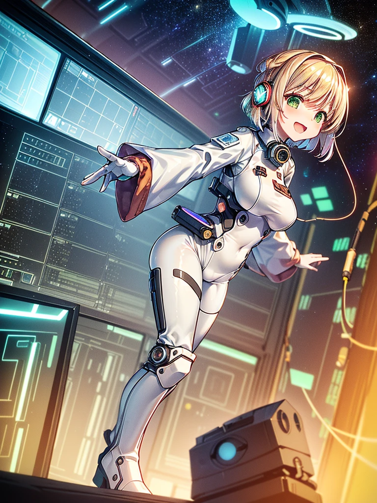 masterpiece:1.4, 1girl in ((20yr old, Wearing a tight, futuristic metallic white bodysuit,long boots, huge-breasted, Colorful blonde hair, Chignon,short-hair, Perfect model body, Green eyes:1.4, Wearing headphones, Flirting, Happy, Looking out the window of the futuristic sci-fi space station、While admiring the beautiful galaxy:1.2, SFSF control room on night background:1.1, Neon and energetic atmosphere:1.2)) ((Galaxy)) ((Solo:1.6))