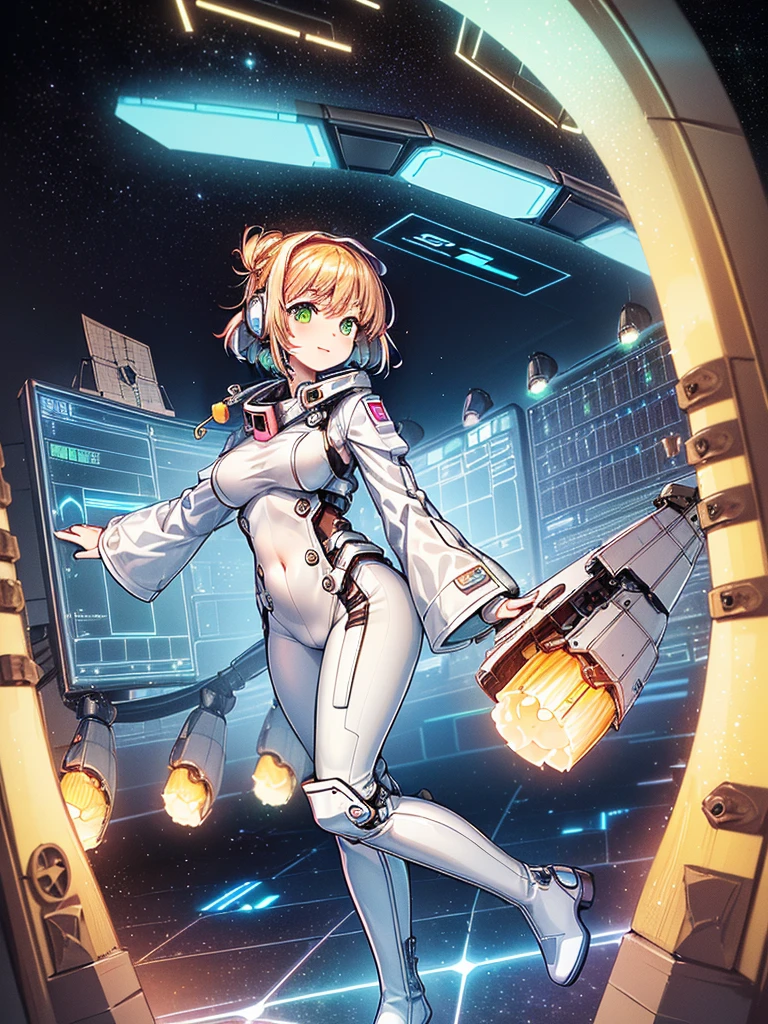 masterpiece:1.4, 1girl in ((20yr old, Wearing a tight, futuristic metallic white bodysuit,long boots, huge-breasted, Colorful blonde hair, Chignon,short-hair, Perfect model body, Green eyes:1.4, Wearing headphones, Flirting, Happy, Looking out the window of the futuristic sci-fi space station、While admiring the beautiful galaxy:1.2, SFSF control room on night background:1.1, Neon and energetic atmosphere:1.2)) ((Galaxy)) ((Solo:1.6))