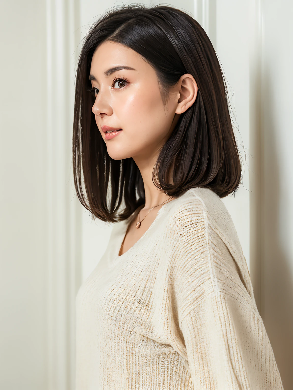 (in 8K, top-quality, masterpiece:1.2), (realisitic, Photorealsitic:1.37), ultra-detailliert, Natural sunlight, mideum breasts, Valley, 1 persons, 35-year-old woman, Dark hair, Pendants, Torn shorts, Light Knit V-Neck Shirt, extremely detailed face and skin, A detailed eye, extremely detailed face and skin)、Autumn clothes、Winter clothes、 Necklace、Winter clothes、Sweaters、A dark-haired、Medium Hair、bobhair、pose variada beautiful profile:1.3)、Natural Color Lip、Don't look at the camera、white walls、Taken in front of the white door、(white wall room with window)