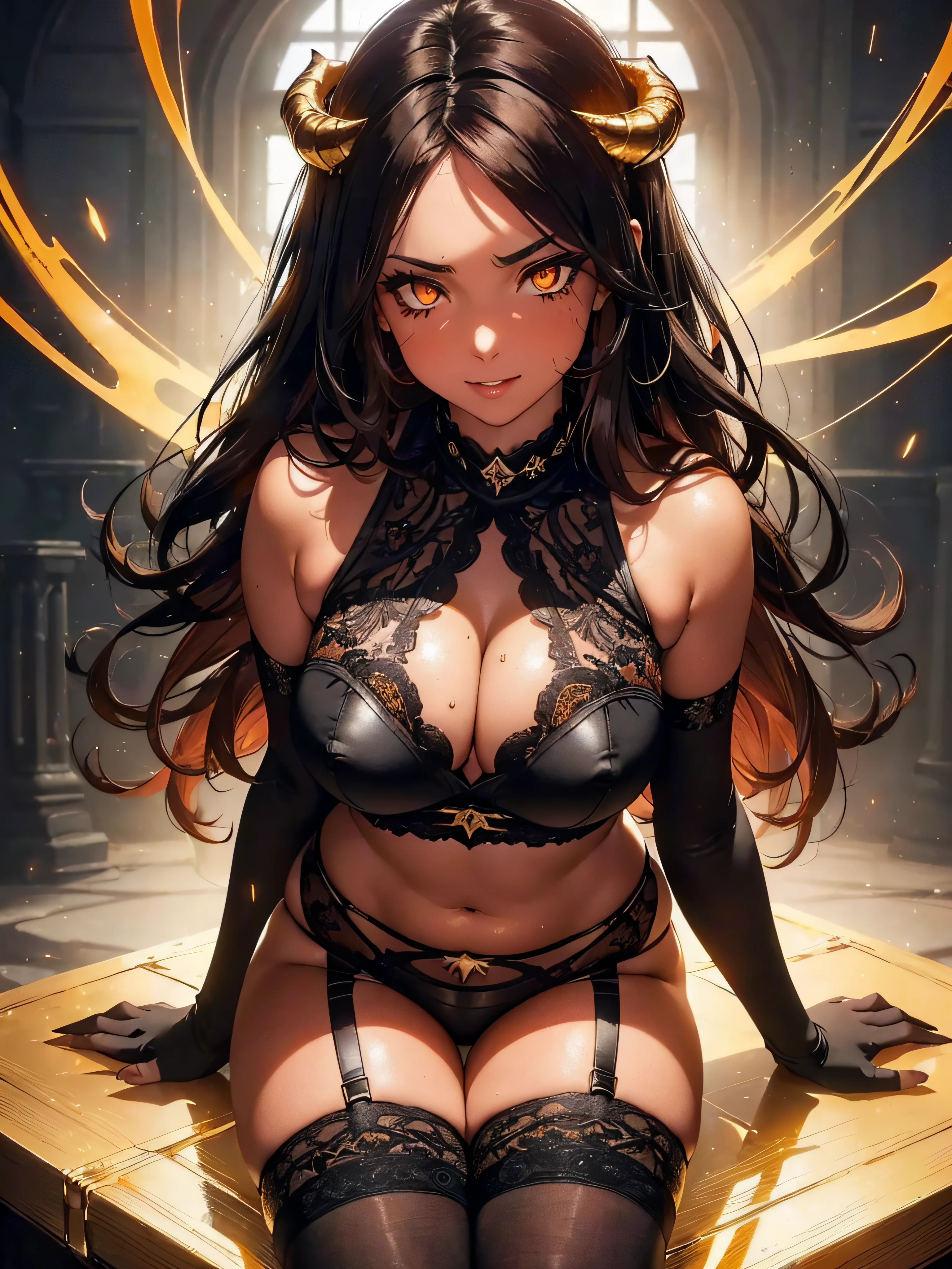 8K, Best quality, Ultra High-Resolution: 1.35, Raw photo: 1.2, Photorealistic: 1.37, masterpiece: 1.25)), Sweatiness: 0.2, Dramatic lighting, photon mapping, radiosity, symmetry, complexity, elegance, anatomically correct, ((1 girl)), medium breast, ((long dark hair, gold glowing eyes:1.2, red skin:1.3)), (long eyelashes), eye shadow, natural makeup, clear facial features, double eyelids, alluring, attractive, (curvy build, full-figured body, busty, thicc body,), showing stomach, abs, ((succubus, sexy red/black leather lingerie, garter belt 1.2, 20 denier knee high black tights)), sexy pose, (((sitting on on top of viewer, POV, point of view,))), seductive smile, demon horns, demon tail, demon wings, long nails, ((Low Angle Photography, photo from below)),