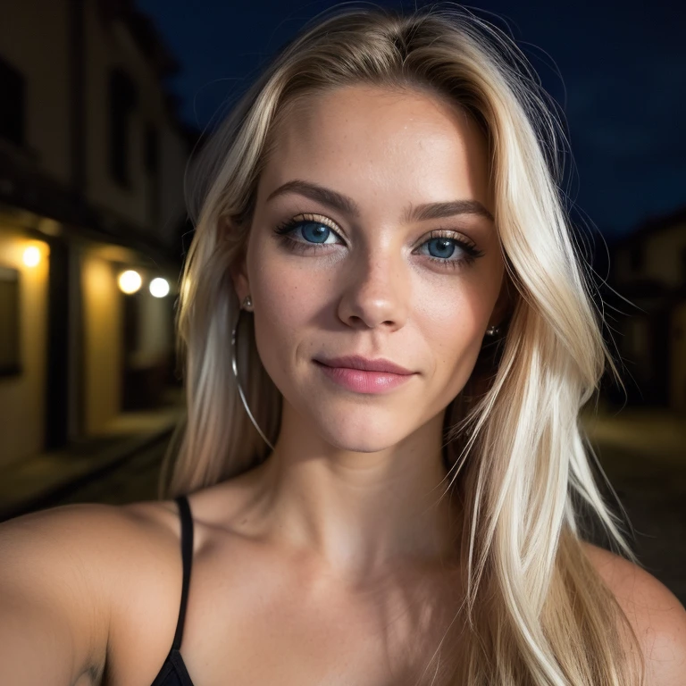 (Selfie, Plan: 1.4), (cuerpo completo), RAW uhd portrait photo of a 24 year old blonde (Mujer de ojos azules) walking down a dark alleyway, tetas grandes,, Ciudad de noche, (roca), (Escote), Detalles (Tejido! , Cabello! , Brillar, Color!! , Desventajas: 1.1), Ojos brillantes con alto nivel de detalle (staring at the camera), SLR lighting, Single lens reflex camera, Calidad Ultra, agudeza, Profundidad de campo, Filmkorn (Medio), Fujifilm XT3, Cristalina, Rahmenmitte, Cara hermosa, foco nítido, farola, Neonbeleuchtung, Bokeh (Poca luz), Noche, (Cielo nocturno), Poros detallados de la piel, piel grasa, Quemadura, Ojos complejosDetalles, cuerpo entero, tetas grandes