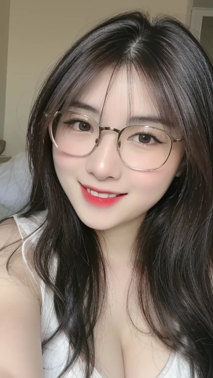 ((realistic, pale white skin:1.3,high resolution:1.3)), 1 girl with perfect figure, thin round glasses, smile, super fine face and eyes, long hair, white lace veil: 1.2 , in bedroom, sit on the bed, gigantic breasts, exposed cleavage