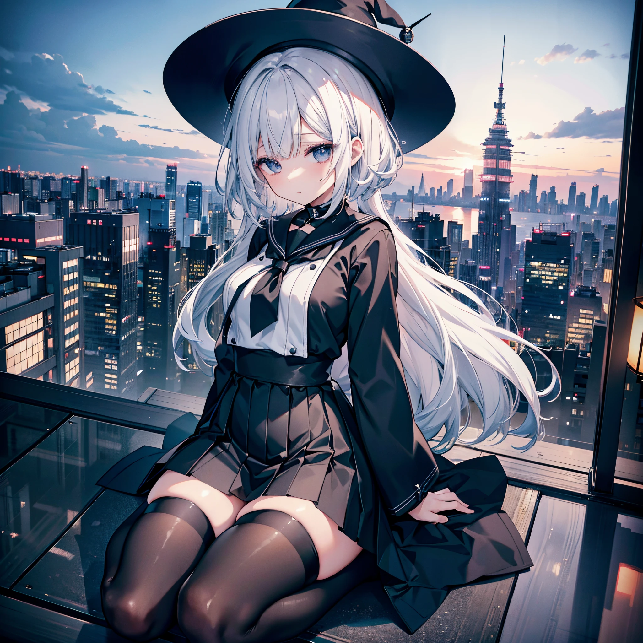 An adult woman lingering on the roof of a building overlooking the night view of Tokyo and the sea.、She has white lob hair with a short bob and wears a large black witch hat with sapphire accessories.、her appearance is stylish、she is wearing a long black coat、Wearing a sailor suit、Black long skirt、Black sneakers with white shoelaces、Black tights、Black Short Leggings、Shame、R18 Illustration、Eromanga、Erotic images、Lewd、erotic illustration、Two-dimensional illustration、Japan Anime、drawn by Japanese ilastrator、high-level image quality、4K picture quality、High Quality、hight resolution、5 million pixels、High Details、uncensored
