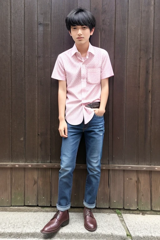 cool Japanese boy wearing light pink shirt, polka dot tie, black vest, leather belt, narrow jeans, and leather shoes.