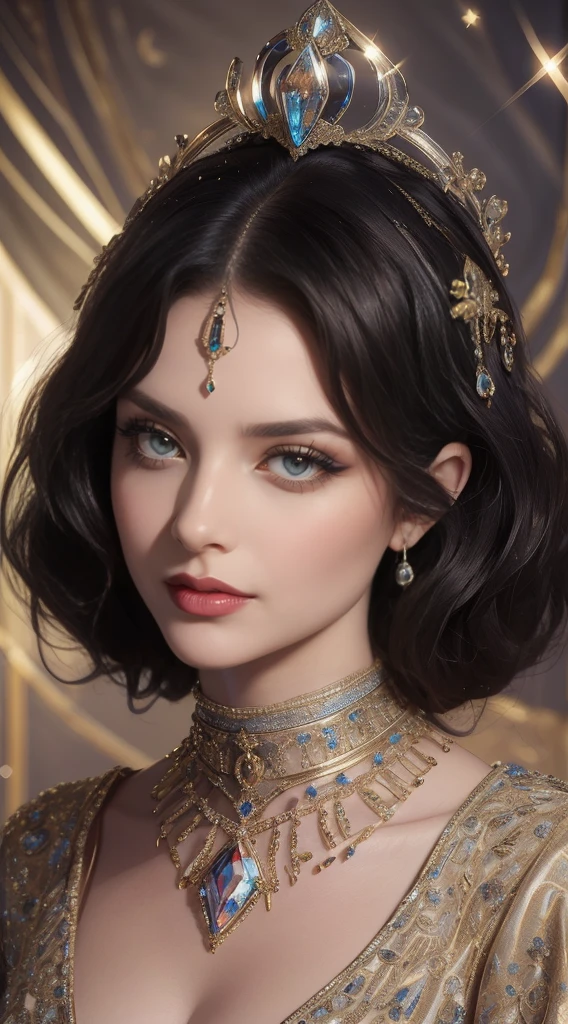 tmasterpiece,Highest image quality,Beautiful bust of a royal lady,Delicate black hairstyle,Amber eyes are clear,Embellished with a dazzling array of intricate jewelry,super detailing,upscaled。(kiss:1.3)