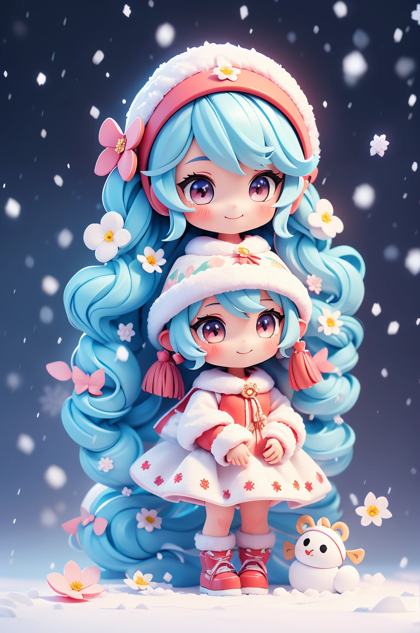 photoRealstic、Doll standing in front of the painting(nendroid)、Red and white Santa Claus costume、Light blue long hair、Twin-tailed、adorable smiling、In a cute pose、((Snowy landscape in the background)).With cute reindeer、watercolor Nendoroid、(High Definition Figure)、Flowing iridescent silk、up of face、Eye Up、Colorcon with heart pattern、Floral patterns dress up your heart with both hands、There is also a flower in front of the petal below the Nendoroid..........、season!!: Winters☀ 🍂