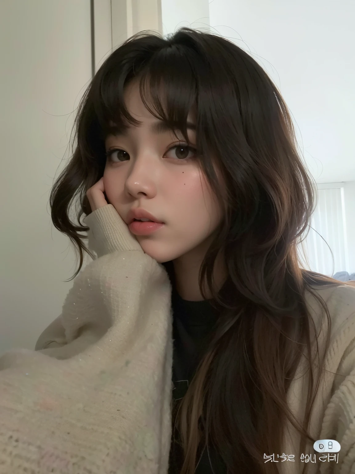 um close up de uma pessoa com cabelos longos e uma camisola, Lalisa Manobal, Ulzzang, menina coreana, com franja, franja fofa, Jinyoung Canela, Lalisa Manoban do Blackpink, franja e cabelos ondulados, Mulher sul-coreana bonita, cabelo arrumado com franja, young adorable korean face, Heonhwa Choe, linda mulher coreana jovem
