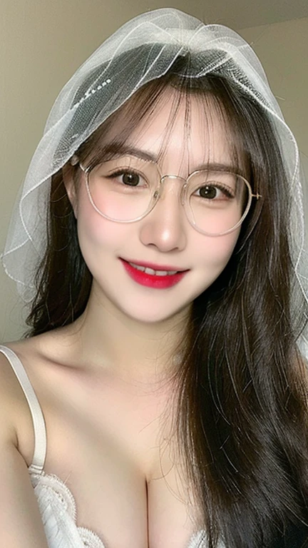 ((realistic, pale white skin:1.3,high resolution:1.3)), 1 girl with perfect figure, thin round glasses, smile, super fine face and eyes, long hair, white lace veil: 1.2 , in bedroom, sit on the bed, gigantic breasts, exposed cleavage