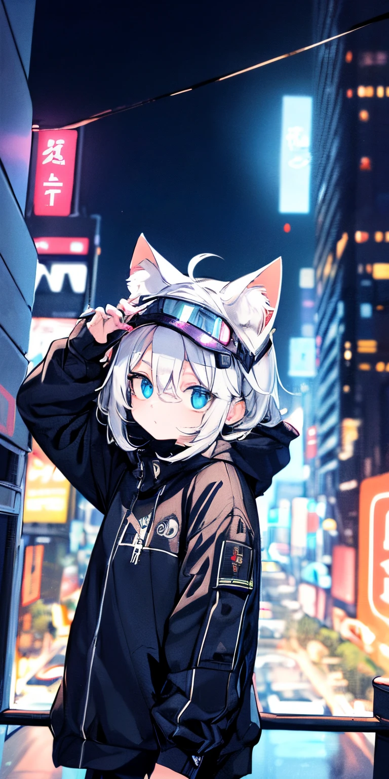 (top-quality)、((masterpiece)、cyberpunked、Electronic visor attached to the face of a -yeld caike girl looking out at the city from the roof of a building、Cyberpunk Fashion、hand on head、Exposed skin、Neon lights in dark city at night