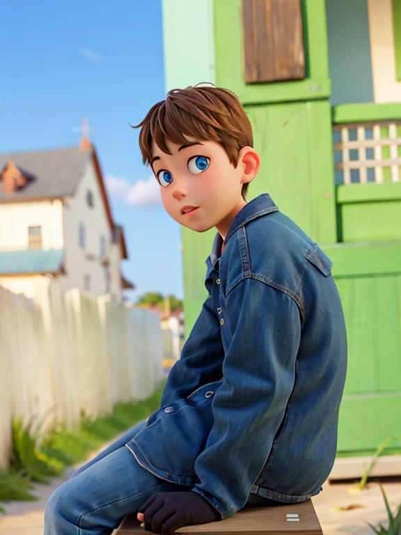 boy sitting on a bench near the beach with blue eyes