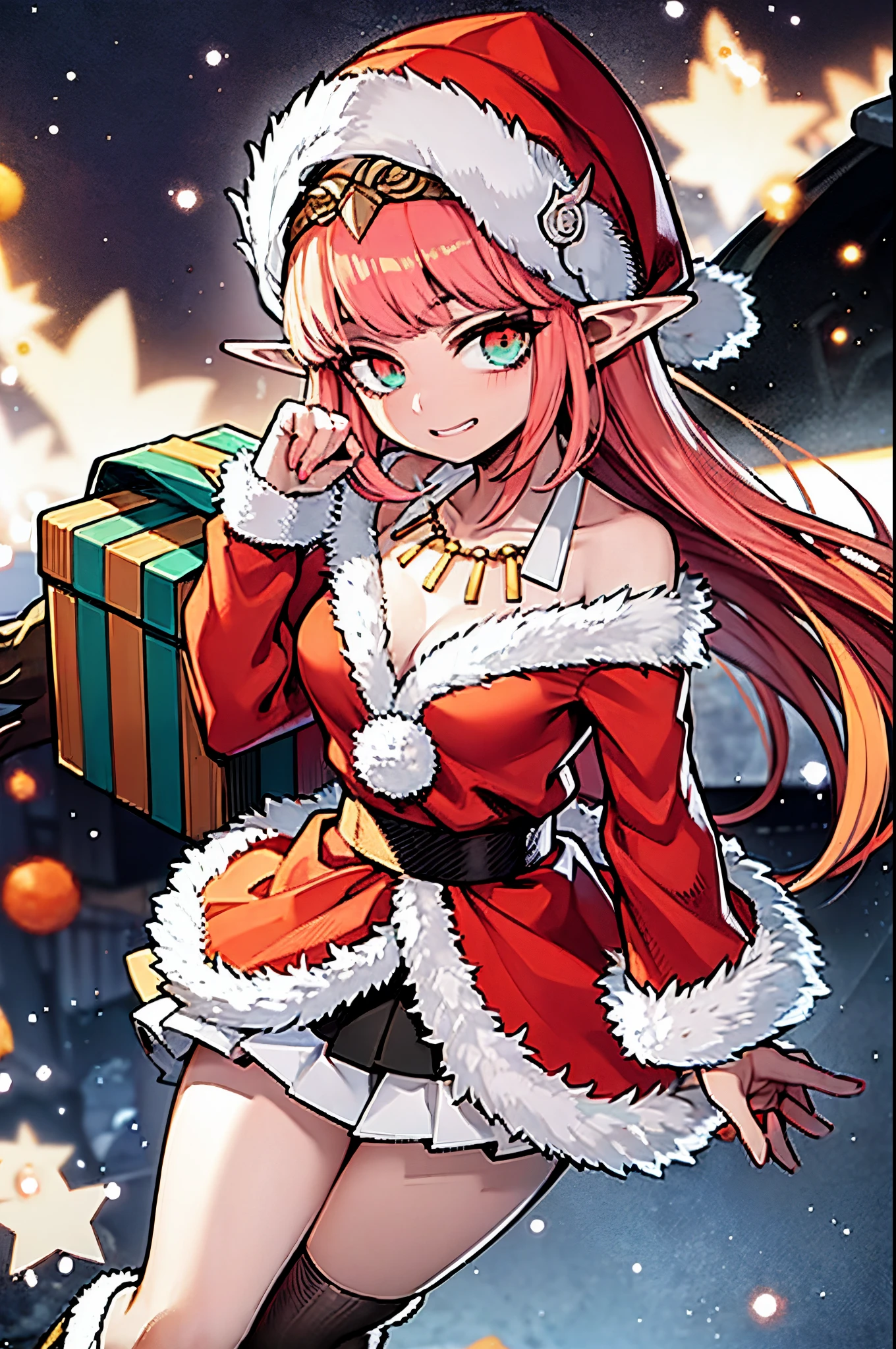 garota anime com roupa de Papai Noel com asas e um presente, ****** elfa, an elf, arte oficial,  ****** elfa, Pixiv, ****** elfo pequeno, Elfpunk, night core, Noite de Natal, [[[[sorrindo malvado]]]], Vencedor do concurso Pixiv, Melhor Avaliado em Pixiv, v do diabo pode chorar como um elfo