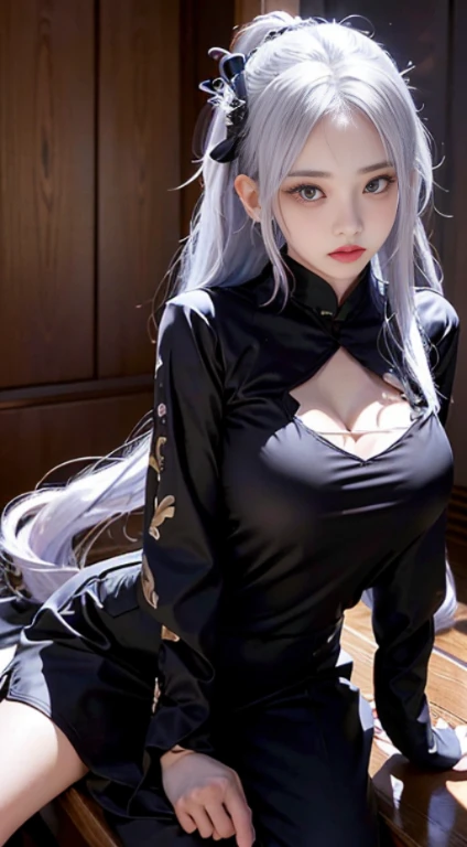 (masutepiece, Best Quality), FULL BODYSHOT, 1girl in, (()) Indoors, Breaking big, H-cup, good breasts, Beautiful, Gorgeous ,large full breasts, Breaking expressive eyes, Colorful eyes,perfect face with white hair, BREAK ((Sitting on a desk, masturbation from below, grabbing her own breasts, Spread your legs, Put your feet up REAK China Office,Shenhe is wearing a form-fitting black jumpsuit , White sleeves, Hair Ornament, long white hair, Detailed eyes, shenhe_Genshin, Shenhe from Genshin Impact, Bow, Feminine, Blushing