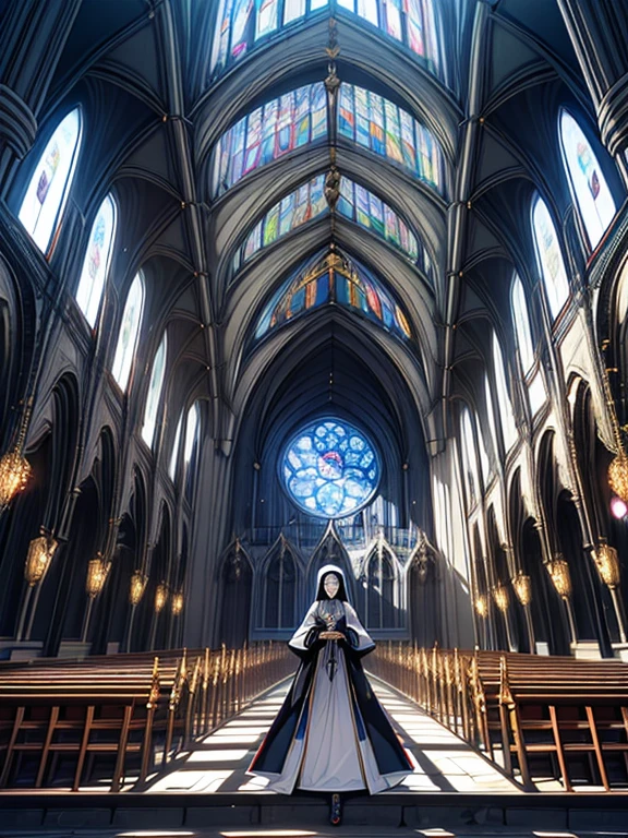 In a medieval-futuristic world, inside a cathedral, a church blends Gothic architecture with holographic tech. A girl bishop in futuristic attire with AI elements stands at the center, surrounded by a mix of religious icons and scientific symbols, creating a unique, intertwined atmosphere of past and future