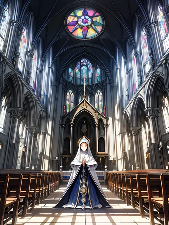 In a medieval-futuristic world, inside a cathedral, a church blends Gothic architecture with holographic tech. A girl bishop in futuristic attire with AI elements stands at the center, surrounded by a mix of religious icons and scientific symbols, creating a unique, intertwined atmosphere of past and future