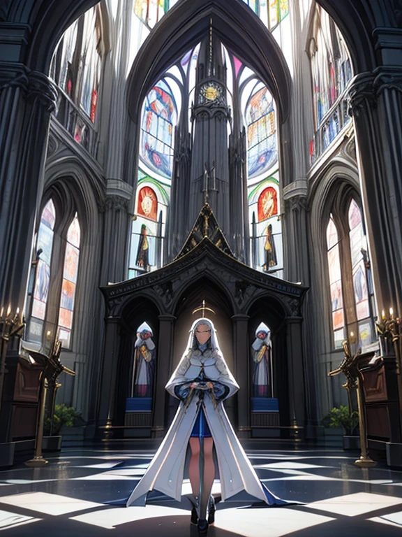 In a medieval-futuristic world, inside a cathedral, a church blends Gothic architecture with holographic tech. A girl bishop in futuristic attire with AI elements stands at the center, surrounded by a mix of religious icons and scientific symbols, creating a unique, intertwined atmosphere of past and future