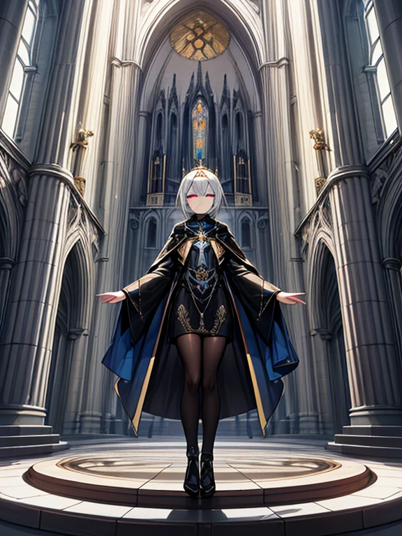 In a medieval-futuristic world, inside a cathedral, a church blends Gothic architecture with holographic tech. A girl bishop in futuristic attire with AI elements stands at the center, surrounded by a mix of religious icons and scientific symbols, creating a unique, intertwined atmosphere of past and future