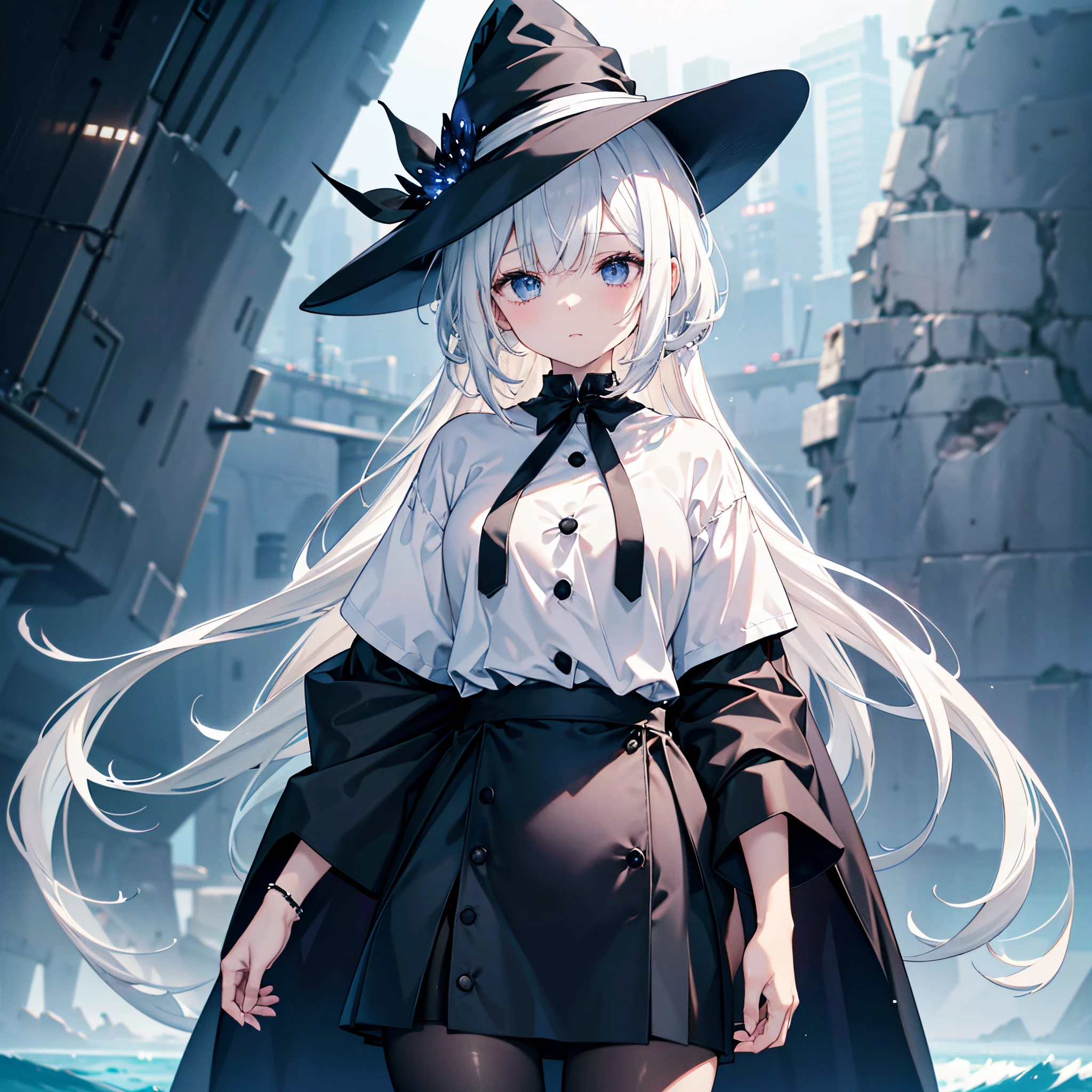 An adult woman standing at twilight on a highway overlooking the ocean of another world.、She has white lob hair with a short bob and wears a large black witch hat with sapphire accessories.、her appearance is stylish、she is wearing a long black coat、I'm wearing a white T-shirt、Black long skirt、Black sneakers with white shoelaces、Black tights、Black Short Leggings、R18 Illustration、Eromanga、erotic illustration、Two-dimensional illustration、Japan Anime、drawn by Japanese ilastrator、high-level image quality、4K picture quality、High Quality、hight resolution、5 million pixels、High Details、uncensored
