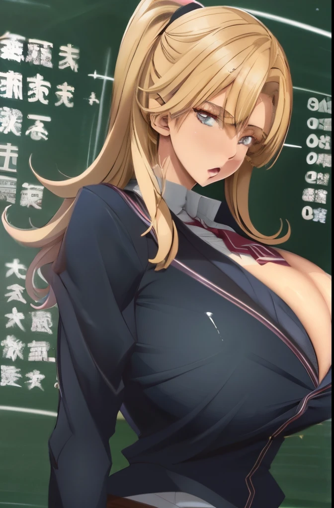 woman in uniform posing in front of a blackboard, hyperrealistic schoolgirl, realistic schoolgirl sfw huge breasts, big breasts!, photorealistic anime girl render, big breasts!!, oppai, big breasts, with large breasts, seductive anime girl, with a large breasts, smooth anime cg art, 3 d anime realistic