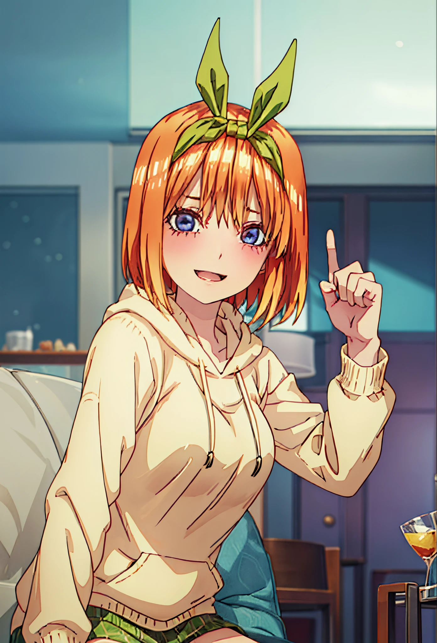 (masutepiece), A sexy、Natural light, Photorealistic, Cameltoe, diffuse glow, depth of fields, big eye、profetional lighting、headband is green、Hair is orange、Hairstyle is short bob Yotsuba Nakano、yellow long sleeve hoodie、huge smile、The background is my dining room..、Turning a blind eye、my fist is clenched、huge smile、