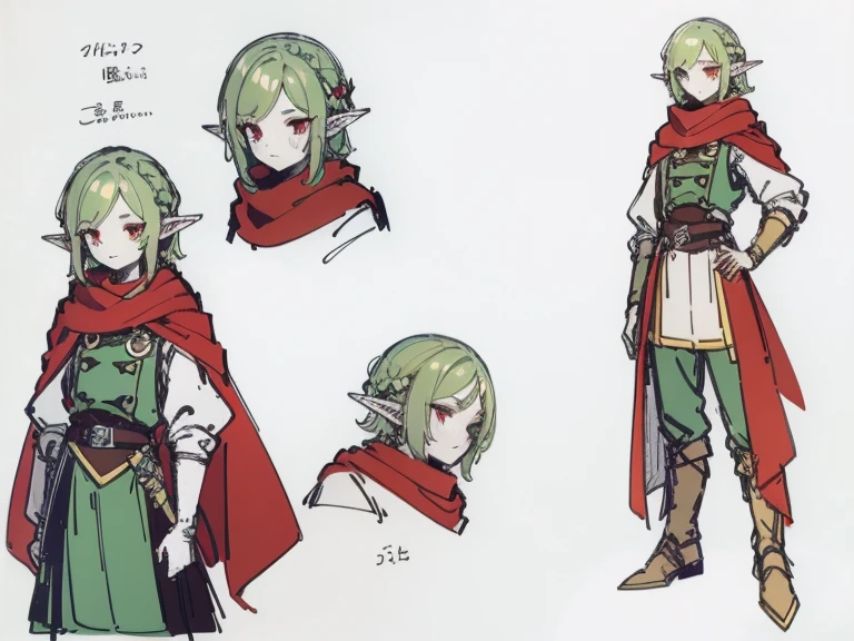 Video game character design, Drawing with Line Drawing, Multiple points of view, Best Quality,Masterpiece,hight resolution, elf, ((character concept art)), Video game character design, Detailed man with pale skin,Medium Hair, rogue, half-elf ,illustartion,Realistic,Harmonious colours,natural lighting, red vest, white shirt, Dark hair