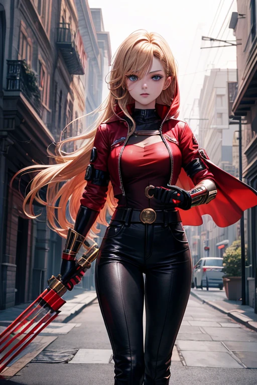 Full 4k, heroine with red hood, blonde hair, light eyes, wearing black pants and red blouse, with a detailed instrument that helps her superpowers, holding it with her hands and standing full body