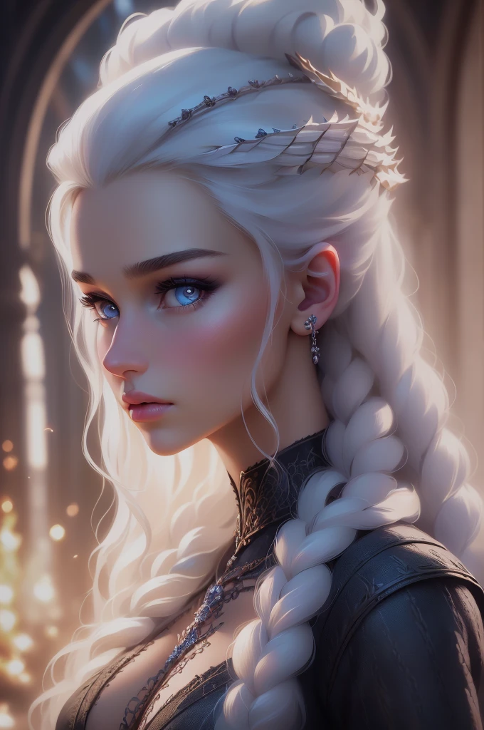 (best quality,4k,highres,masterpiece:1.2),ultra-detailed,(realistic,photorealistic,photo-realistic:1.37),Daenerys Targaryen portrait,beautiful detailed eyes,beautiful detailed lips,extremely detailed eyes and face,long eyelashes,gorgeous woman,confident expression,soft skin tones,elaborate braided blonde hair flowing down her back,flowing blue dress,light blue eyes,sharp focus,stunningly vibrant colors,low-key lighting,mysterious atmosphere, with dragons illustration