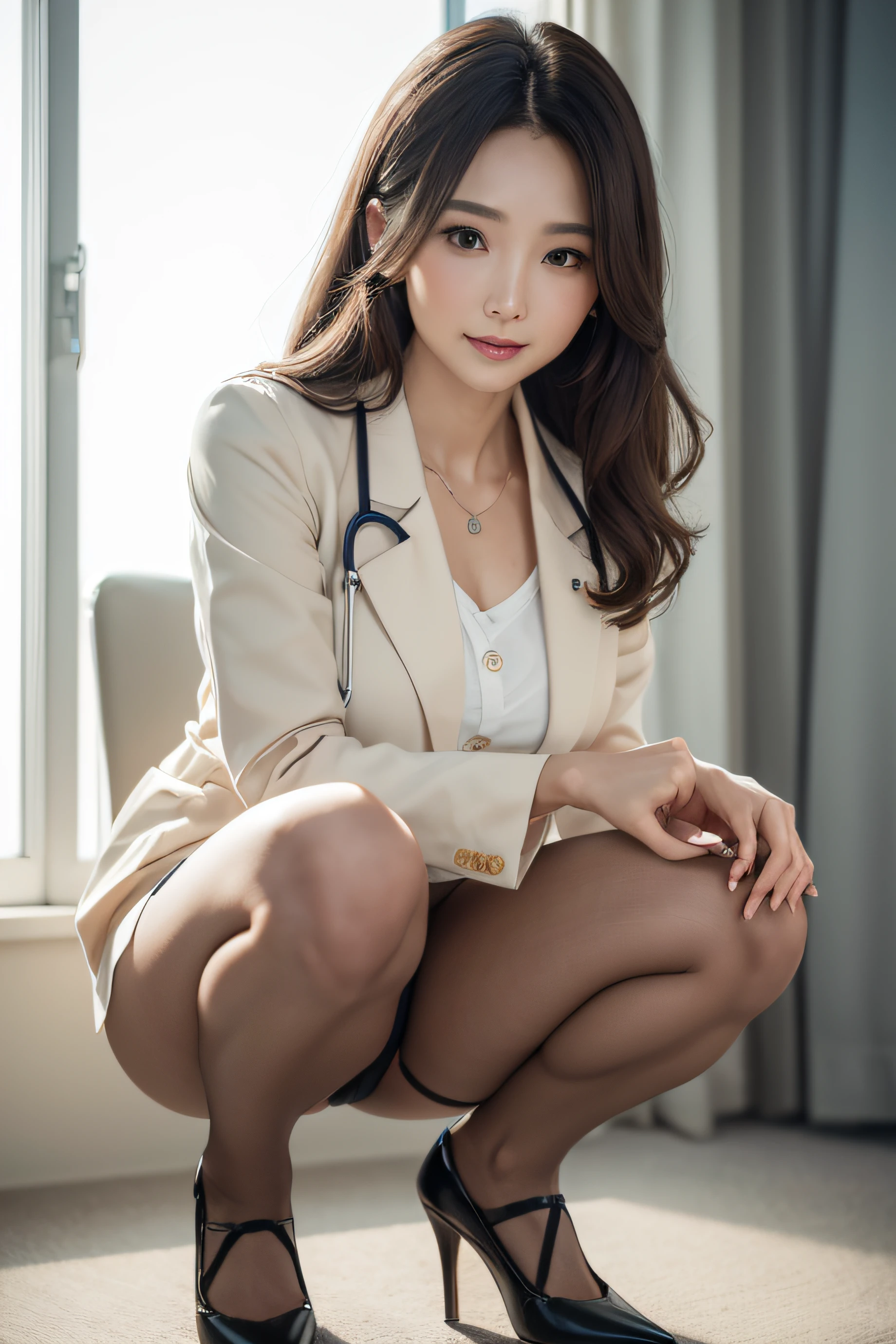 Photorealistic beautiful doctor、stunningly beautiful、Beige pantyhose, flip pantyhose、I can see the cut in the pantyhose、Collared shirt、Ultra mini skirt、high-heels、(top-quality、8K、32K、​masterpiece、nffsw:1.3)、超A high resolution,(Photorealsitic:1.4),Raw photography, Detailed face,Beautiful hair, 44 years old、((Doctor Style)), Black tight mini skirt、Natural makeup,, tiny chest、flat breast、Delicate body、inside hospital, Detailed background, Perfect Lighting, depth of fields, Beautiful shadow gradient,Squatting,Get down on one knee and hold a pen, Showing off her floral panties、very thin thighs、A smile