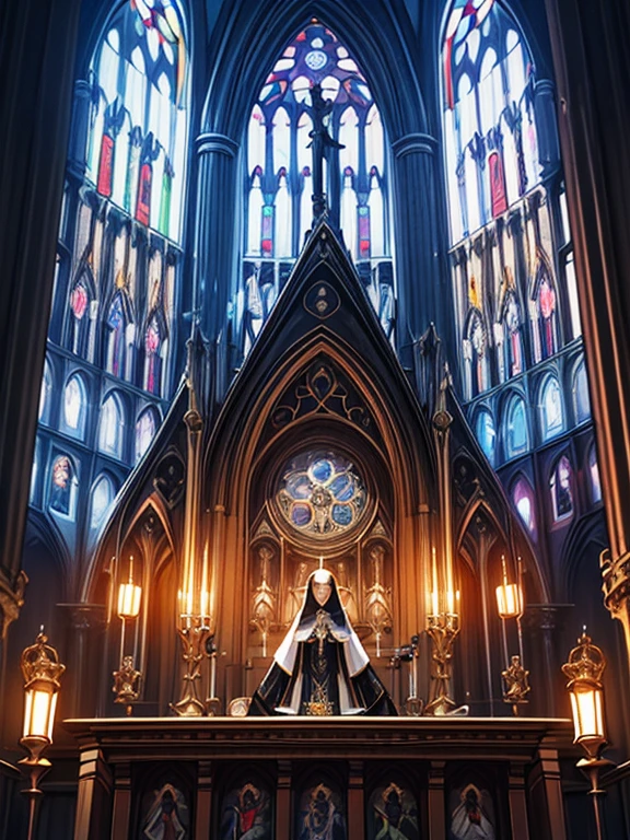 ighly detailed、Inside the cyberpunk cathedral, A church that combines Gothic architecture and holographic technology. A girl bishop wearing a futuristic costume with AI elements is DJing in the center., Surrounded by a combination of religious icons and scientific symbols, An atmosphere where past and future mix together、In the medieval and futuristic worlds,