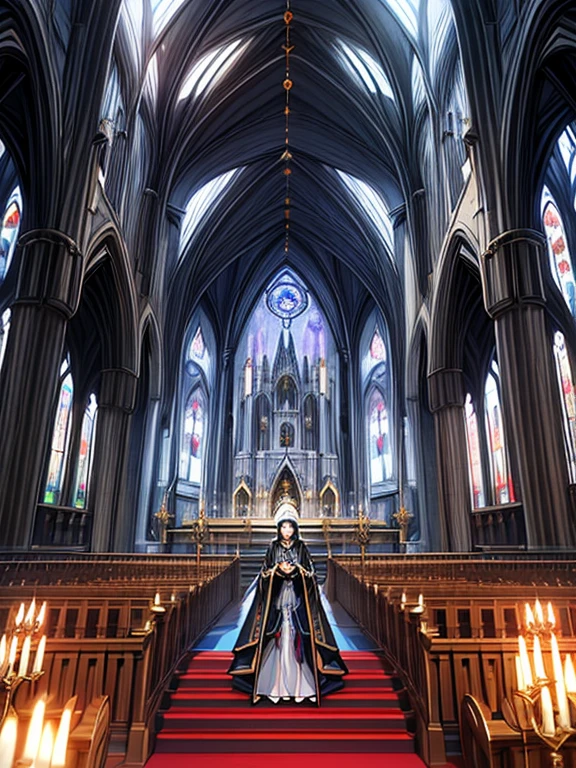 ighly detailed、Inside the cyberpunk cathedral, A church that combines Gothic architecture and holographic technology. A girl bishop wearing a futuristic costume with AI elements is DJing in the center., Surrounded by a combination of religious icons and scientific symbols, An atmosphere where past and future mix together、In the medieval and futuristic worlds,