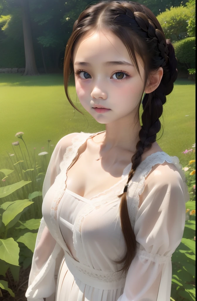 Best Quality、masuter piece、high resolution source、One girl、****ta、a baby face、small tits、Super small breasts like a cutting board、Braided hairstyle、１０age、