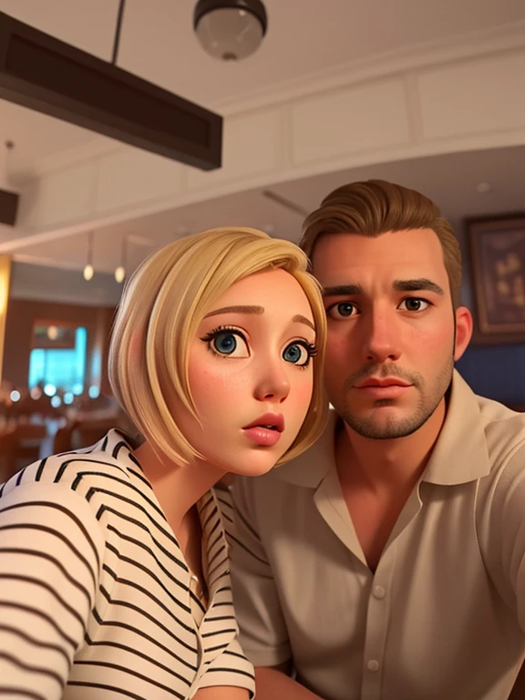 Blonde woman taking a selfie with a man in a restaurant., Imagen de perfil, Millaise y Greg Rutkowski, Foto de vacaciones, reddit post, por Daniel Lieske, 8k selfie photograph, por Lee Loughridge, 3 0 years old woman, Foto de perfil, Magalie Villeneuve, Pareja