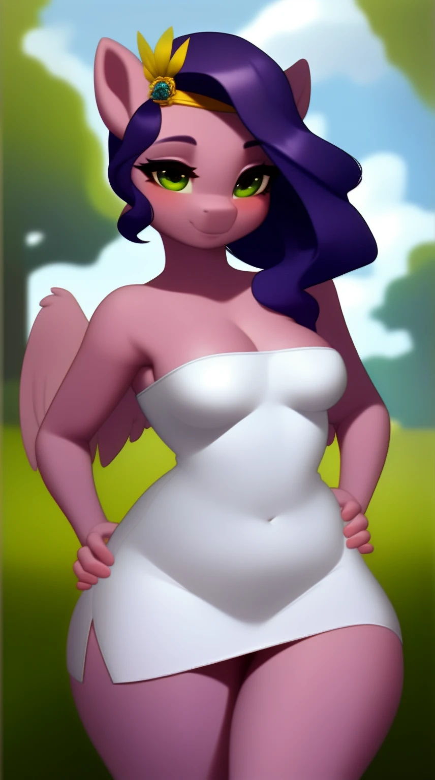 (Derpibooru_p_95),(score_9), (source_pony), (solo), (pegasus), ((anthro pipp petals :1.1)), (strapless tight dress), sexy, seductive, long hair, anatomically correct, night garden, small breasts, half body, anime art style, solo, light purple fur, green eyes, hands on hips, hourglass figure, curvy, wide hips, plump body, young, short, chubby, cute, high res, thick thighs, bow, blushing,