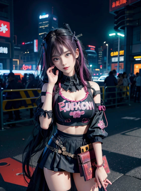 Anime illustration of cyberpunk girl, Looking at Viewer, Cowboy Shot, 
Confident girl with a slightly cheeky look, ((Pop costumes inspired by Harajuku)), Bold colors and patterns, Eye-catching accessories, Trendy and innovative hairstyles, Bright makeup, (Dynamic Pose), Futuristic, orderly and dazzling cyberpunk cityscape, Skyscrapers, neon signs, Glowing LED Light, Bright and vivid color scheme, Anime, Illustration,  beautifull detailed face, Intricate details, ultra-detailliert.