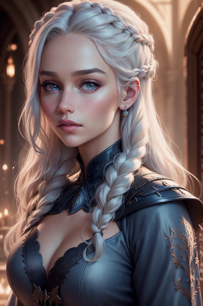 (best quality,4k,highres,masterpiece:1.2),ultra-detailed,(realistic,photorealistic,photo-realistic:1.37),Daenerys Targaryen portrait,beautiful detailed eyes,beautiful detailed lips,extremely detailed eyes and face,long eyelashes,gorgeous woman,confident expression,soft skin tones,elaborate braided blonde hair flowing down her back,flowing blue dress,light blue eyes,sharp focus,stunningly vibrant colors,low-key lighting,mysterious atmosphere, with dragons illustration