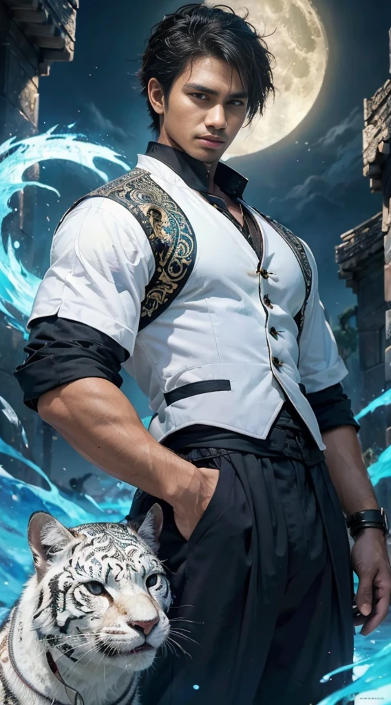 (masterpiece:1.2), (illustration), (best quality:1.2), (best aesthetic:1.2), (beautiful art:1.2), (ultra-detailed:1.2), (8k), (HDR), (wallpaper), (sharp focus), (intricate), (hyper realistic), men, javanese, handsome, full moon