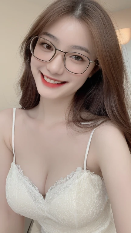 ((realistic, pale white skin:1.3,high resolution:1.3)), 1 girl with perfect figure, thin round glasses, smile, super fine face and eyes, long hair, white lace veil: 1.2 , in bedroom, sit on the bed, gigantic breasts, exposed cleavage