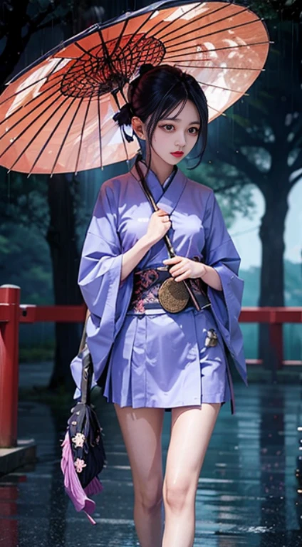 top-quality、Exquisite、A Japanese style、Kawaii Girl、a miniskirt、Holding an umbrella、City of Rains、