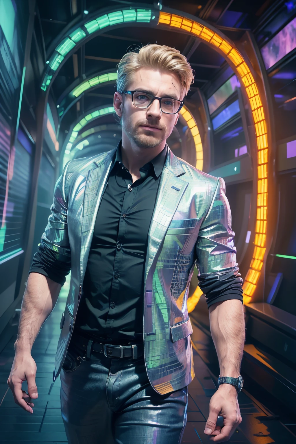 PERFECT MASTERPIECE, EXTREMELY DETAILED CG UNITY 32K UHD QUALITY RESOLUTION, RAW PHOTO, AWARD-WINNING PORTRAIT, OFFICIAL ART, PHOTOREALISTIC, PHOTOGENIC CLARITY, HYPER-REALISTIC, HYPER-DETAILED, ((The most handsome and dashing businessman 1.3)), short blonde hair, vibrant moonlight eyes, chiselled jaw, wearing glasses polo shirt and khakis, pointing at futuristic holographic screens conducting a business presentation, confident excited and intrigued facial expression, ((hyper futuristic holographic matrix style coding illuminating from the holographic screens 1.3))((corporate business office background, perfect vibrant primary blue, neutral ivory, neutral navy and accent green color theme, perfect color scheme 1.3))