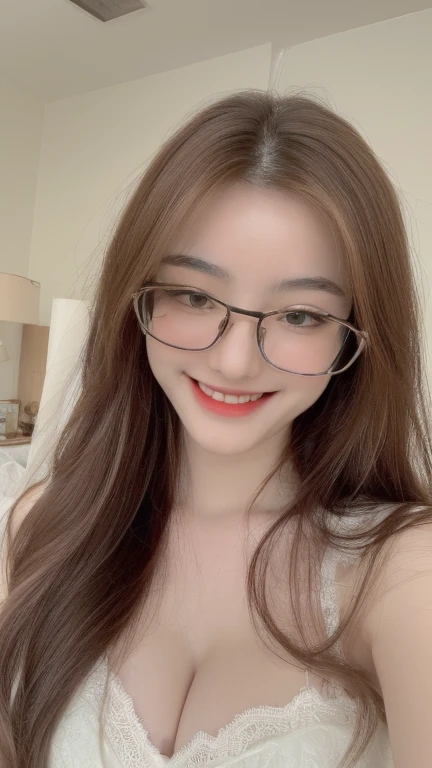 ((realistic, pale white skin:1.3,high resolution:1.3)), 1 girl with perfect figure, thin round glasses, smile, super fine face and eyes, long hair, white lace veil: 1.2 , in bedroom, sit on the bed, gigantic breasts, exposed cleavage