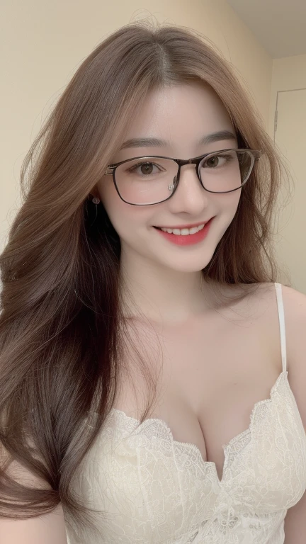 ((realistic, pale white skin:1.3,high resolution:1.3)), 1 girl with perfect figure, thin round glasses, smile, super fine face and eyes, long hair, white lace veil: 1.2 , in bedroom, sit on the bed, gigantic breasts, exposed cleavage