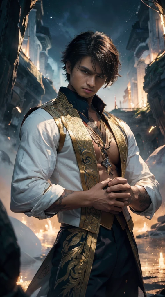 (masterpiece:1.2), (illustration), (best quality:1.2), (best aesthetic:1.2), (beautiful art:1.2), (ultra-detailed:1.2), (8k), (HDR), (wallpaper), (sharp focus), (intricate), (hyper realistic), men, javanese, handsome, full moon