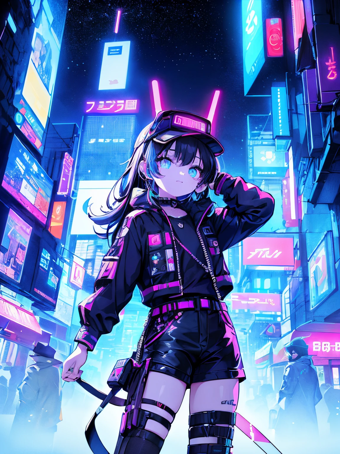 (top-quality)、((​masterpiece)、Cyberpunk city of the future 、Electronic visor attached to the face of a **************** is looking out at the city from the roof of a building、Cyberpunk Fashion、Sexy Posing、Exposed skin、Neon lights in dark city at night,