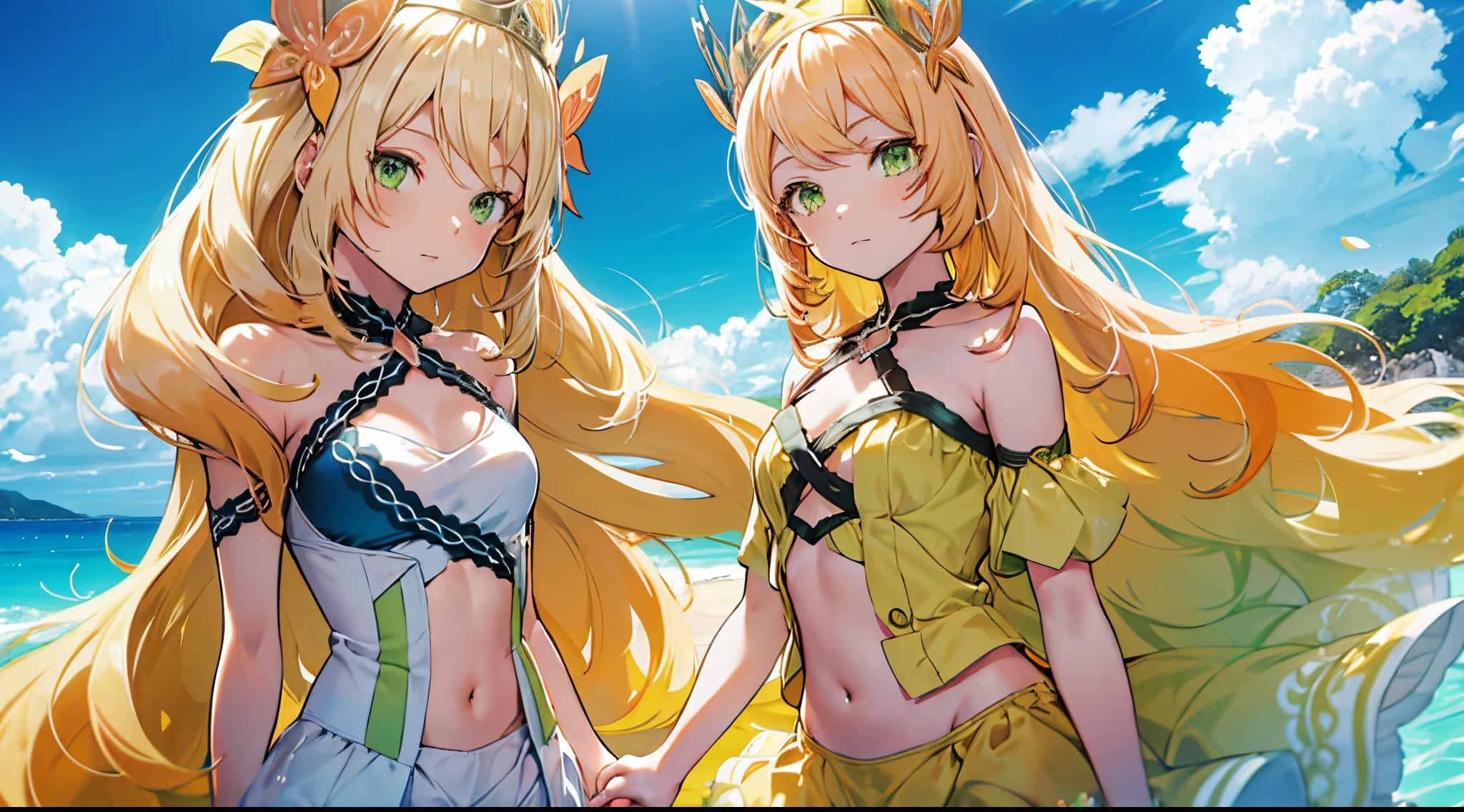 a cute anime character with orange hair in a yellow suit against a turquoise beach, 1girl, long hair, swimsuit, green eyes, bikini, very long hair, blonde hair, breasts, holding hands, looking at viewer, sky, navel, jewelry, outdoors, blue sky, day, bangs, bare shoulders