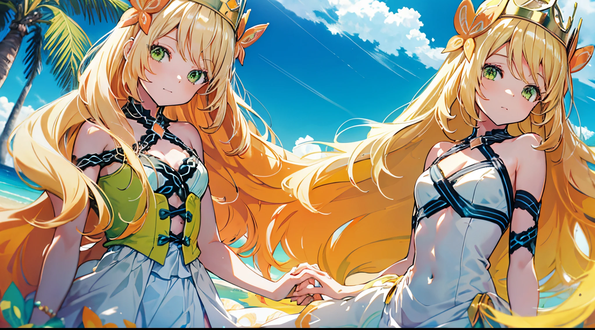 a cute anime character with orange hair in a yellow suit against a turquoise beach, 1girl, long hair, swimsuit, green eyes, bikini, very long hair, blonde hair, breasts, holding hands, looking at viewer, sky, navel, jewelry, outdoors, blue sky, day, bangs, bare shoulders