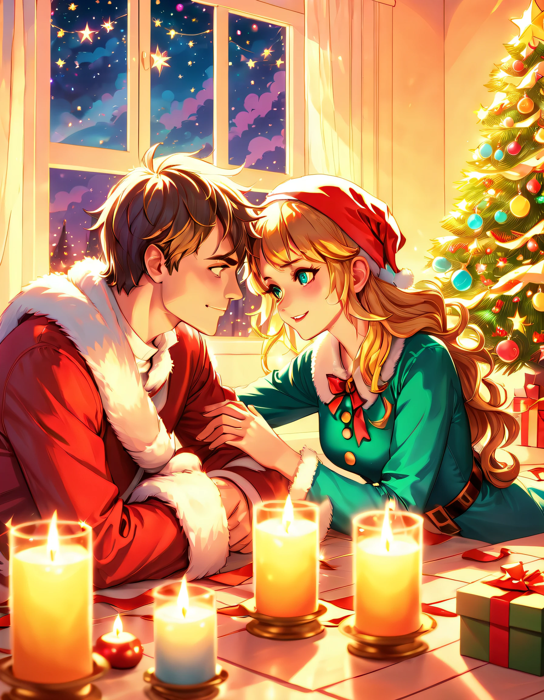 (closeup cleavage: 1.8), ((Best quality at best, 8K, A high resolution, tmasterpiece:1.2), ultra - detailed, (actual, realistically:1.37), vivd colour, magical ambiance, Whimsical, ((The room is full of stars，stars shining bright))，((Vector illustration style)), (The room is decorated with a strong Christmas atmosphere. A string of shining colored lights hangs on the wall, Christmas wreath and little snowman on windowsill, In the corner of the room stands a beautifully decorated Christmas tree). On a table, There are beautiful cutlery and red plates. In the center of the table, Have a sumptuous Christmas feast, Next to it is a bottle of red wine and two exquisite wine glasses. (((A male and female couple wearing Christmas costumes cuddling together))), Smiling and looking at each other，Eyes full of happiness and warmth. There are several scented candles lit in the room, It exudes a light fragrance. Warm fire burning in the fireplace, Brings warmth and comfort to the entire room, Surreal, Psychedelic, Complicated details, Beautiful texture, Ethereal, like a dream, Soft glowing light, Charming Patterns, fantastical creature, Hidden surprises, dreamlike landscapes, Surreal color palette, Mystic aura, hyper realisitc, Enchanting journey, psychedelic trip, vivid imagination, immersive experience, Mysterious Christmas, otherworldly charm, glowing paths, Light up a magical Christmas, surreal sky, Whimsical themed festivals, a magical encounter, Fascinating artwork, Elegantly silhouetted against a celestial backdrop of epic trance waves, The moonlight is ethereal and vibrant, fantasy broken glass shades, Draw multiple strong exposure effects, Matte painting, Photo painting, Stunningly superior clarity and unparalleled clarity, Stunning details that look almost unrealistic, Stunning details that are extremely captivating, Stroking technique，exquisitedetails，Very unreal, Amazing brushstroke skills, Exquisite details are unrealistic, Gel ink craft dark teal multicolor, Crazy beautiful light, Add eye-catching high-contrast scenes, Overall stunning and beautiful, The entire process was very accurate and detailed, (Gouache masterpiece:1.1), Crazy glowing hair, (Mysterious sci-fi paint:1.1)