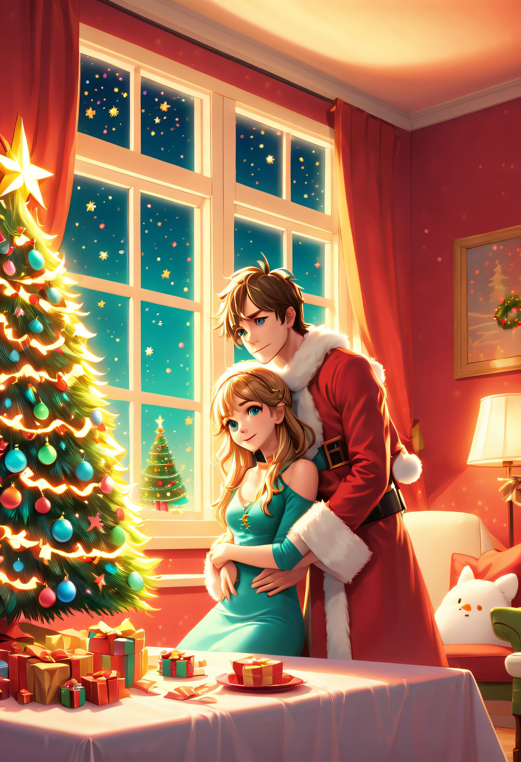 (closeup cleavage: 1.8), ((Best quality at best, 8K, A high resolution, tmasterpiece:1.2), ultra - detailed, (actual, realistically:1.37), vivd colour, magical ambiance, Whimsical, ((The room is full of stars，stars shining bright))，((Vector illustration style)), ((The room is decorated with a strong Christmas atmosphere. A string of shining colored lights hangs on the wall, Christmas wreath and little snowman on windowsill, In the corner of the room stands a beautifully decorated Christmas tree)). On a table, There are beautiful cutlery and red plates. In the center of the table, Have a sumptuous Christmas feast, Next to it is a bottle of red wine and two exquisite wine glasses. (((A male and female couple wearing Christmas costumes cuddling together))), Smiling and looking at each other，Eyes full of happiness and warmth. There are several scented candles lit in the room, It exudes a light fragrance. Warm fire burning in the fireplace, Brings warmth and comfort to the entire room, Surreal, Psychedelic, Complicated details, Beautiful texture, Ethereal, like a dream, Soft glowing light, Charming Patterns, fantastical creature, Hidden surprises, dreamlike landscapes, Surreal color palette, Mystic aura, hyper realisitc, Enchanting journey, psychedelic trip, vivid imagination, immersive experience, Mysterious Christmas, otherworldly charm, glowing paths, Light up a magical Christmas, surreal sky, Whimsical themed festivals, a magical encounter, Fascinating artwork, Elegantly silhouetted against a celestial backdrop of epic trance waves, The moonlight is ethereal and vibrant, fantasy broken glass shades, Draw multiple strong exposure effects, Matte painting, Photo painting, Stunningly superior clarity and unparalleled clarity, Stunning details that look almost unrealistic, Stunning details that are extremely captivating, Stroking technique，exquisitedetails，Very unreal, Amazing brushstroke skills, Exquisite details are unrealistic, Gel ink craft dark teal multicolor, Crazy beautiful light, Add eye-catching high-contrast scenes, Overall stunning and beautiful, The entire process was very accurate and detailed, (Gouache masterpiece:1.1), Crazy glowing hair, (Mysterious sci-fi paint:1.1)