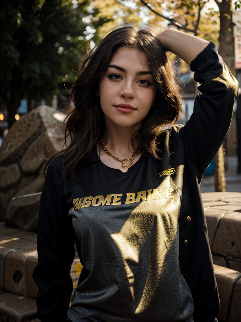 Best quality, photorealistic, 8k, High resolution, (((1 woman))), Woman, ((Looking at viewer)), (look at camera), (medium hair), (Professional lighting, Bokeh), ( street), (people, Crowds:0.6), Cityscape, Neon light, Plaza del Tiempo, New York, (day), (University jacket with rock band t-shirt inside.:1.5), (Wearing: 0.6), (Baseball cap), rainy, water drop, Water, ((sweat)), (Poker face), gold chain necklace, splendid, floating hair, (light particles, Lens flare, shiny particles :0.6), (dynamic pose:1.2), soft lighting,