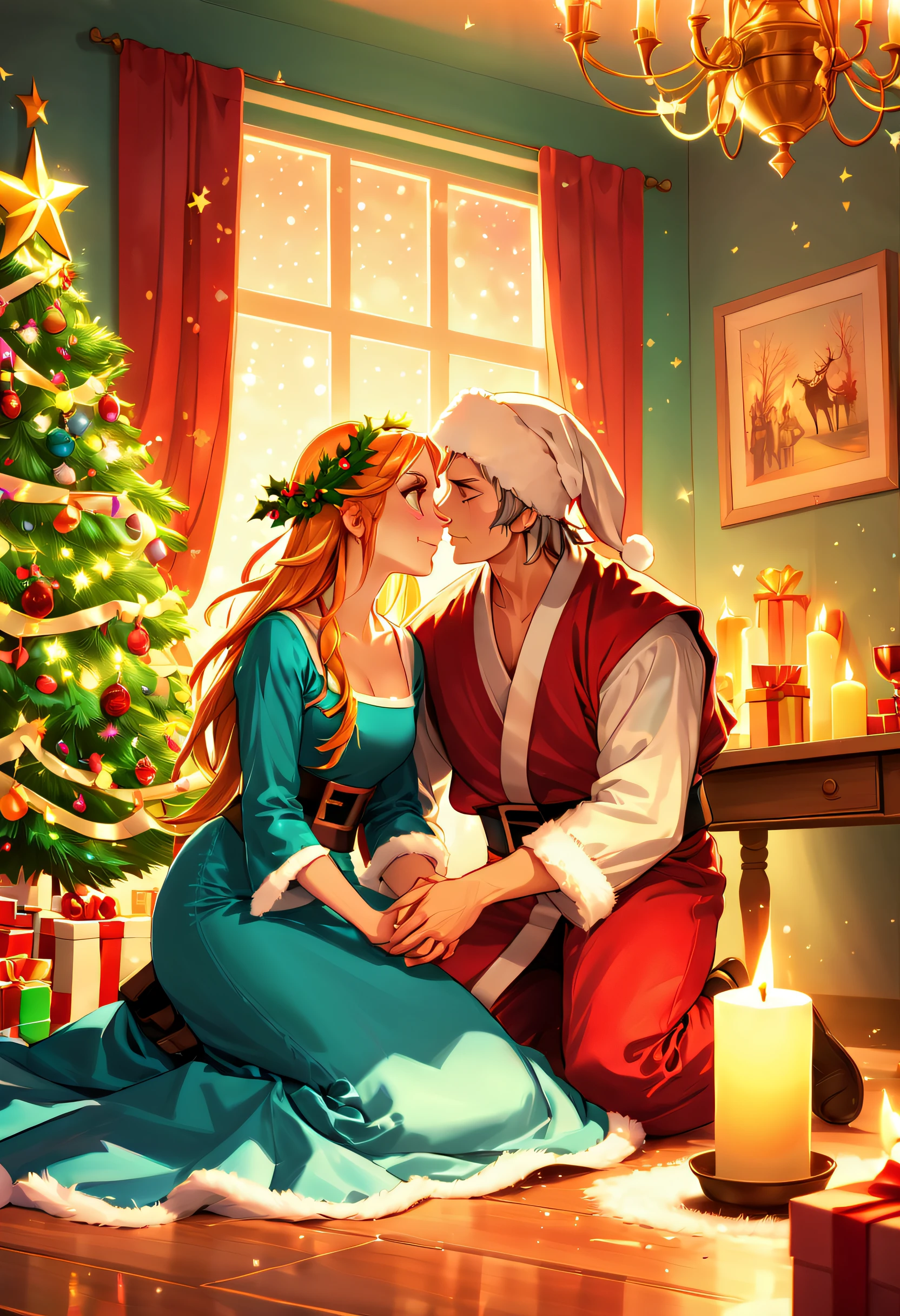 (closeup cleavage: 1.8), ((Best quality at best, 8K, A high resolution, tmasterpiece:1.2), ultra - detailed, (actual, realistically:1.37), vivd colour, magical ambiance, Whimsical, ((The room is full of stars,stars shining bright)),((Vector illustration style)), The room is decorated with a strong Christmas atmosphere. A string of shining colored lights hangs on the wall, Christmas wreath and little snowman on windowsill, In the corner of the room stands a beautifully decorated Christmas tree. On a table, There are beautiful cutlery and red plates. In the center of the table, Have a sumptuous Christmas feast, Next to it is a bottle of red wine and two exquisite wine glasses. (((A male and female couple wearing Christmas costumes cuddling together))), Smiling and looking at each other,Eyes full of happiness and warmth. There are several scented candles lit in the room, It exudes a light fragrance. Warm fire burning in the fireplace, Brings warmth and comfort to the entire room, Surreal, Psychedelic, Complicated details, Beautiful texture, Ethereal, like a dream, Soft glowing light, Charming Patterns, fantastical creature, Hidden surprises, dreamlike landscapes, Surreal color palette, Mystic aura, hyper realisitc, Enchanting journey, psychedelic trip, vivid imagination, immersive experience, Mysterious Christmas, otherworldly charm, glowing paths, Light up a magical Christmas, surreal sky, Whimsical themed festivals, a magical encounter, Fascinating artwork, Elegantly silhouetted against a celestial backdrop of epic trance waves, The moonlight is ethereal and vibrant, fantasy broken glass shades, Draw multiple strong exposure effects, matte painting photo painting, Stunningly superior clarity and unparalleled clarity, Stunning details that look almost unrealistic, Stunning details that are extremely captivating, Stroking technique,exquisitedetails,Very unreal, Amazing brushstroke skills, Exquisite details are unrealistic, Gel ink craft dark teal multicolor, Crazy beautiful light, Add eye-catching high-contrast scenes, Overall stunning and beautiful, The entire process was very accurate and detailed, (Medieval ninja style gouache masterpiece:1.1), Crazy glowing hair, (Mysterious sci-fi paint:1.1)